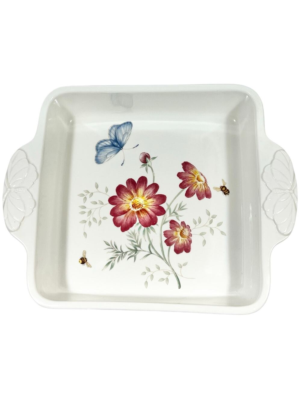Lenox Floral Butterfly Meadow Porcelain Baking Casserole Dish Square 10" White
